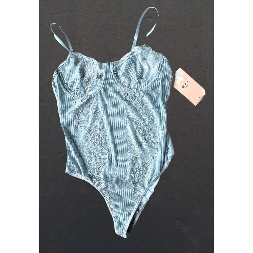 NWT Blashe Teddy  Bodysuit Sz M Blue Sheer Lace Accents Snap Closure Exo…